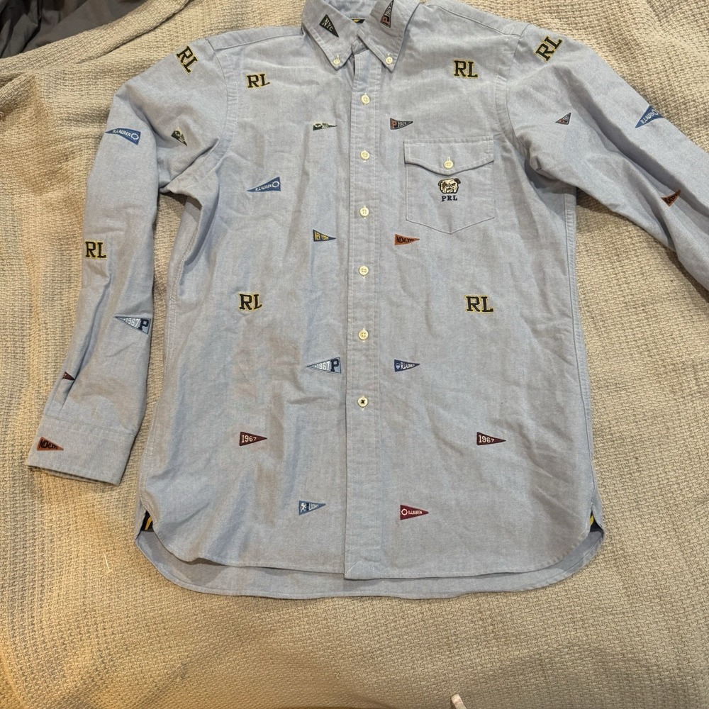 Polo Ralph Lauren AOP Varsity Letterman Oxford Flag Shirt Graphic Grail Small
